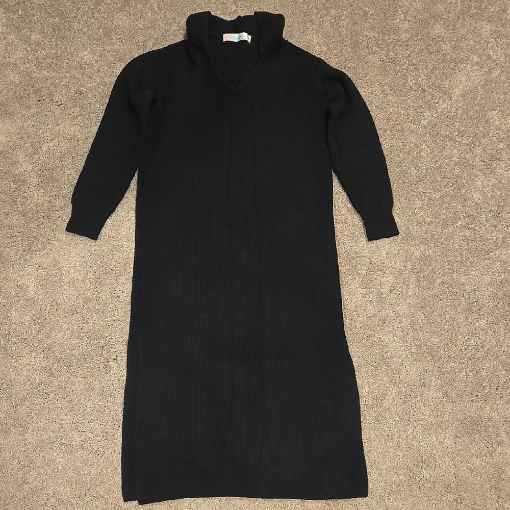 Free People Black Hooded Ribbed Sweater Dress